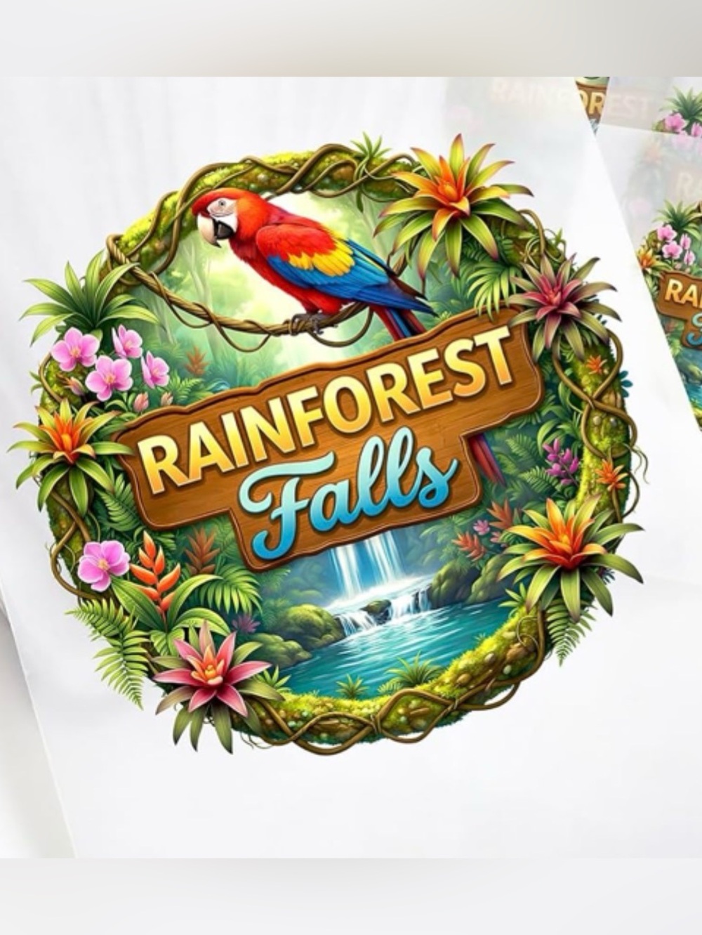 Rainforest Falls Graphic Tee TRANSFERS with Colorful Parrot